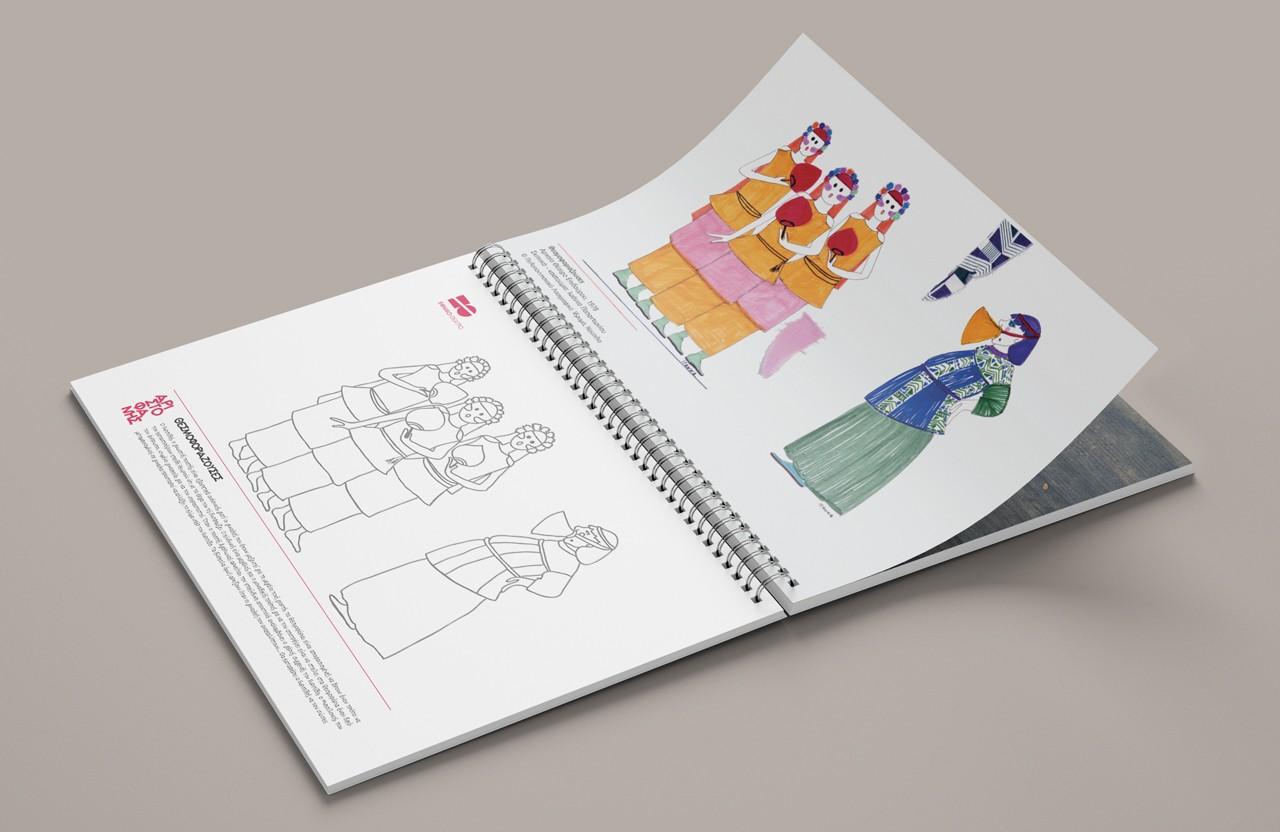 Sketch book with drawings of Greek scene designers from National Theater performances